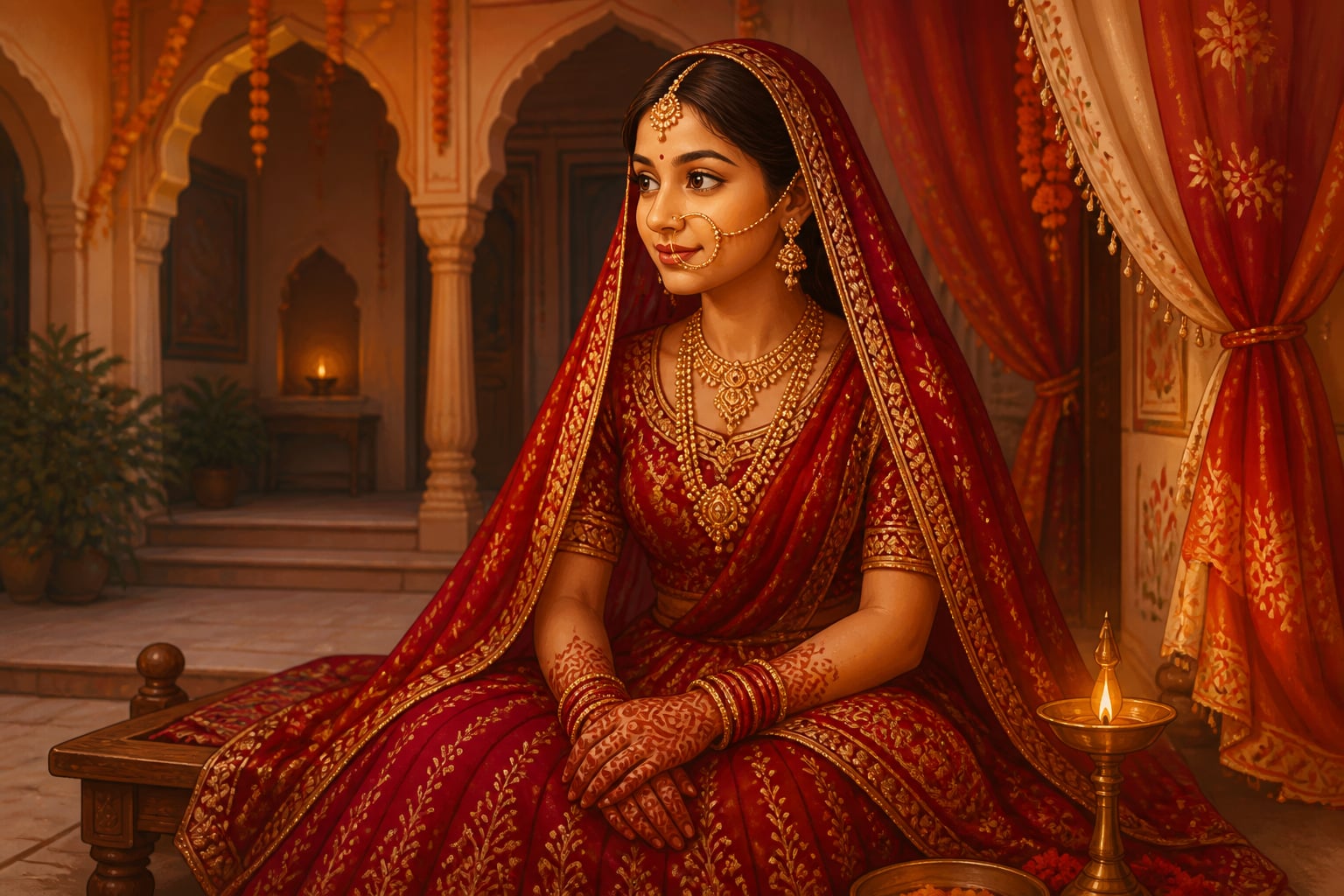 A Rajasthani bride wearing the wide gold nath in a Marwari haveli