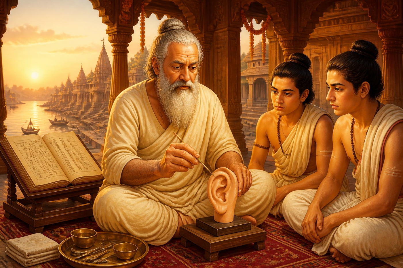Sushruta demonstrating Karnavedha with a gold needle in his pavilion
