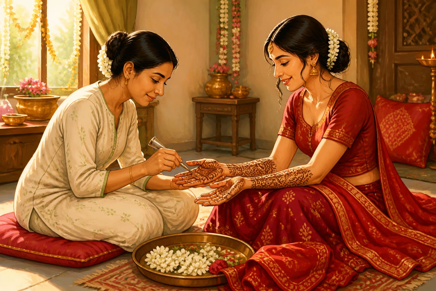 A mehndi artist drawing fine henna patterns on a bride's palms