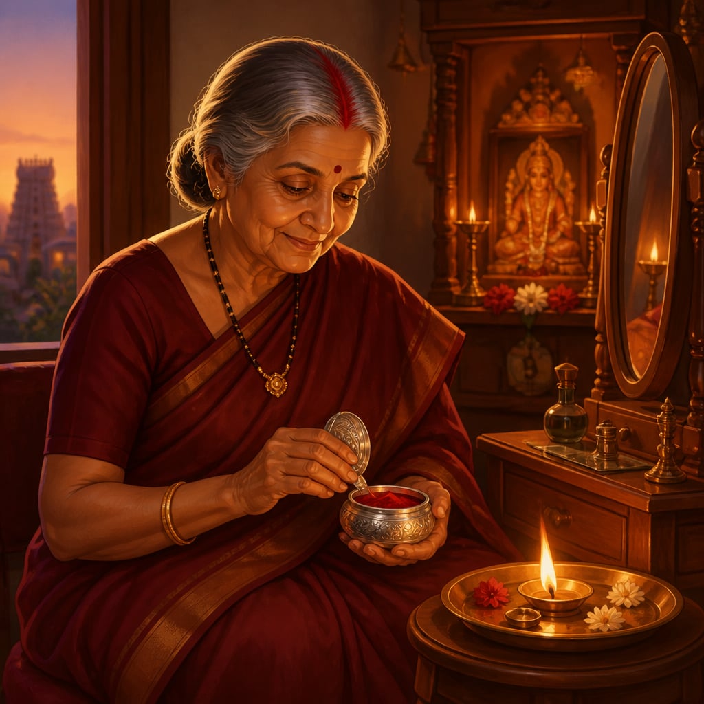 A Madurai paati opening her silver sindoor box at dusk