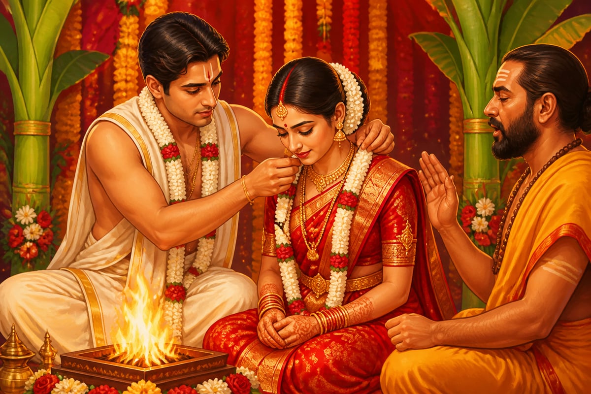 A groom tying the mangalsutra around the bride at the wedding fire