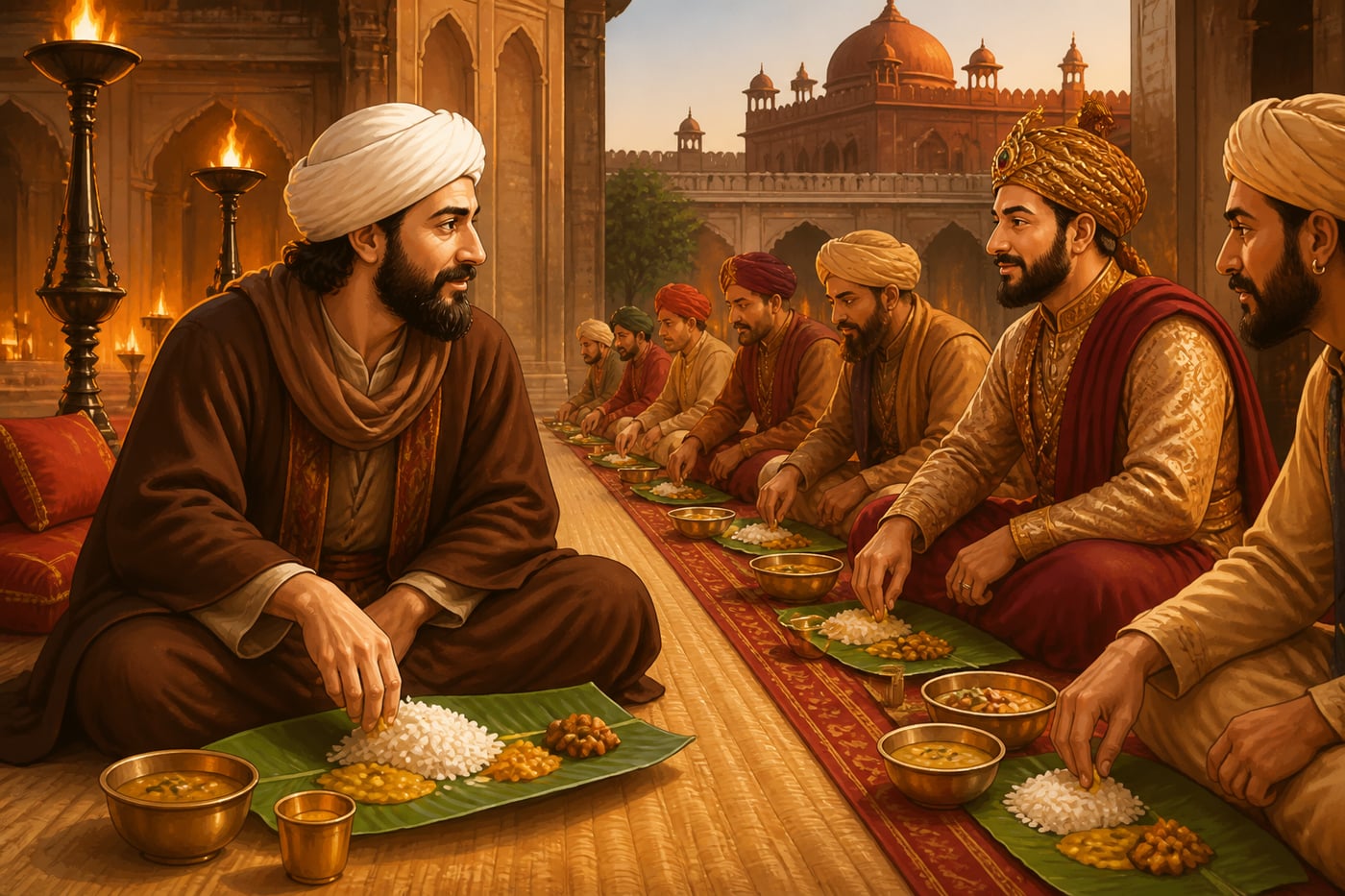 Ibn Battuta dining on the floor at Muhammad bin Tughluq's court
