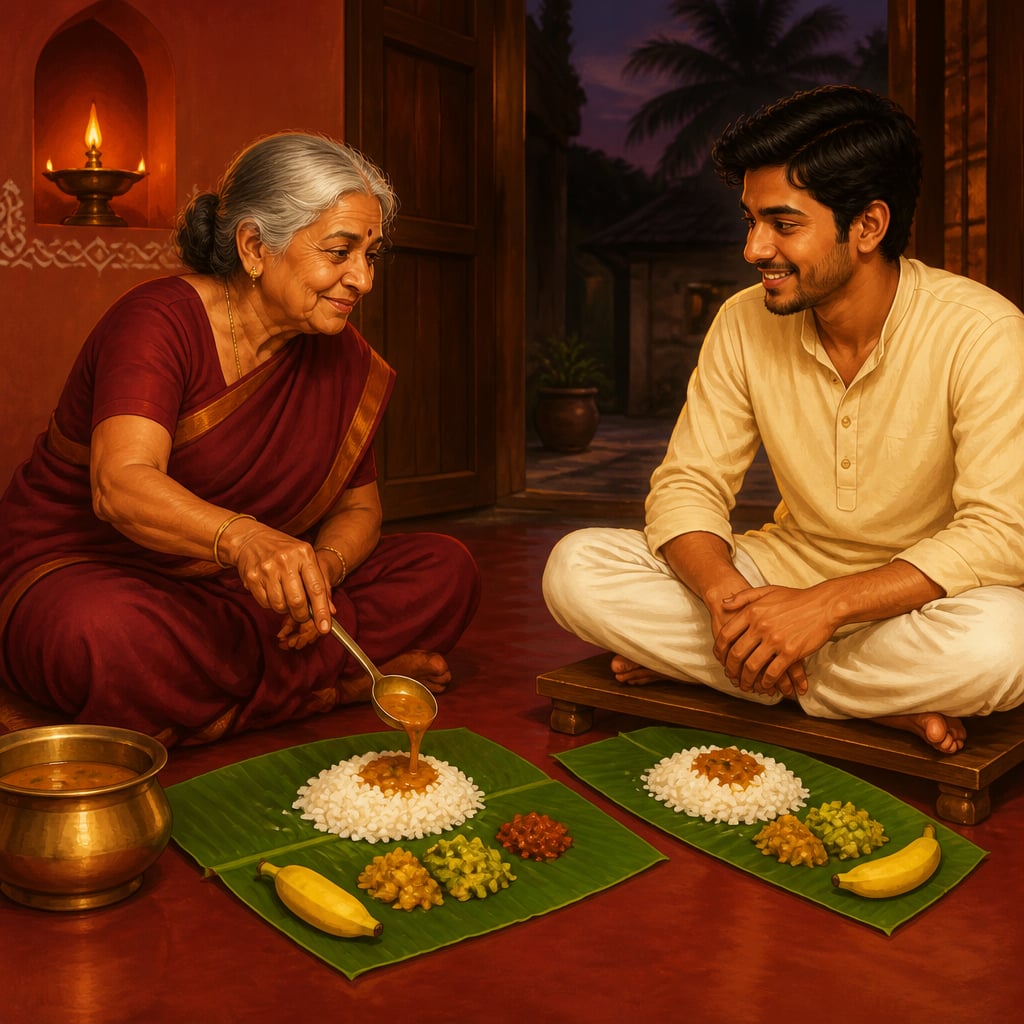 A Tirunelveli grandmother and grandson eating on banana leaves