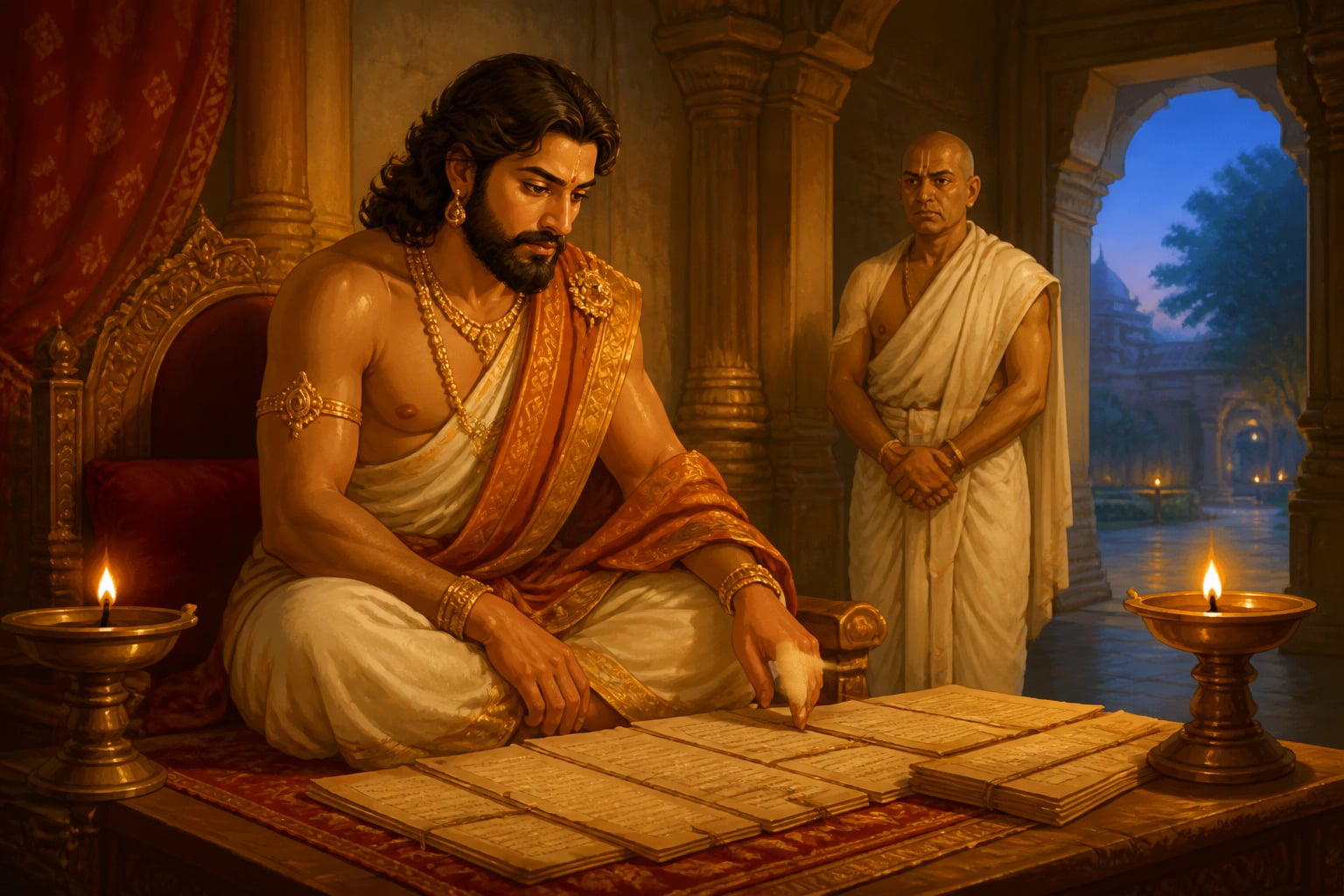 Chandragupta Maurya and Kautilya in the pre-dawn audience hall