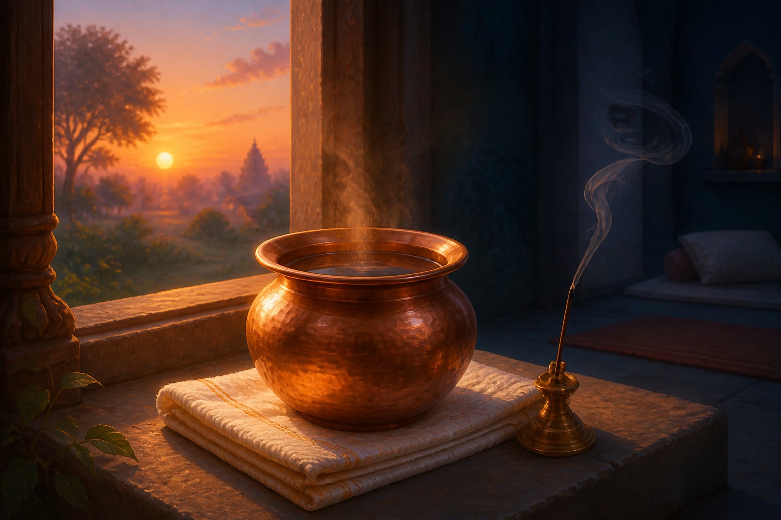 A copper water vessel on the windowsill at first light