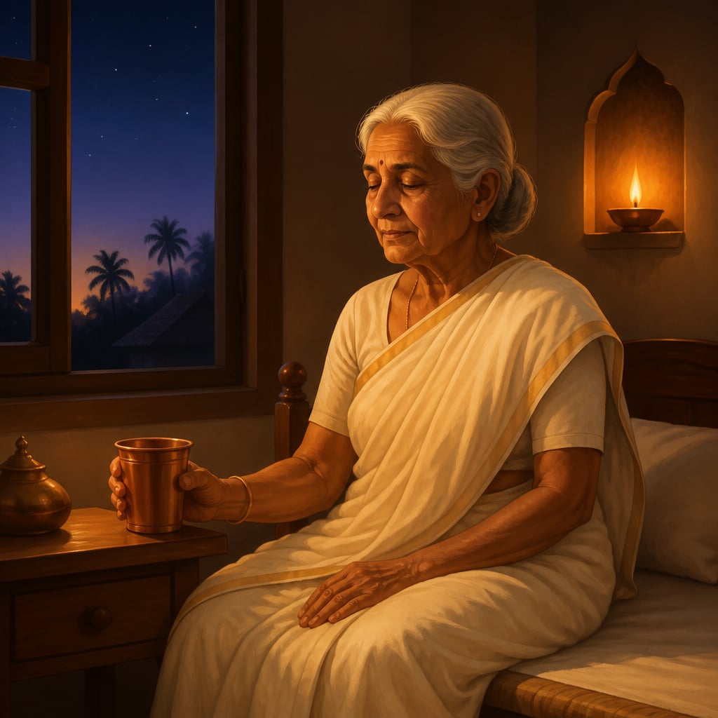 Lakshmi paati seated with a copper glass before dawn
