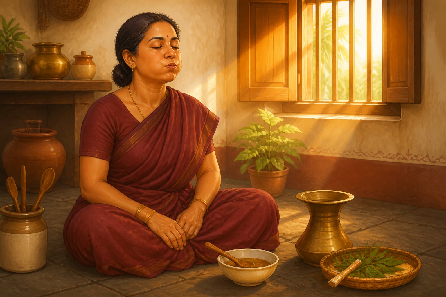 A woman holding warm sesame oil in her mouth at sunrise