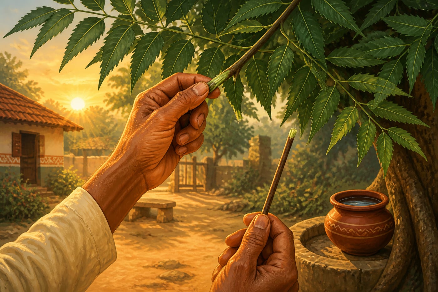 A neem twig being broken from a tree in a sunrise courtyard