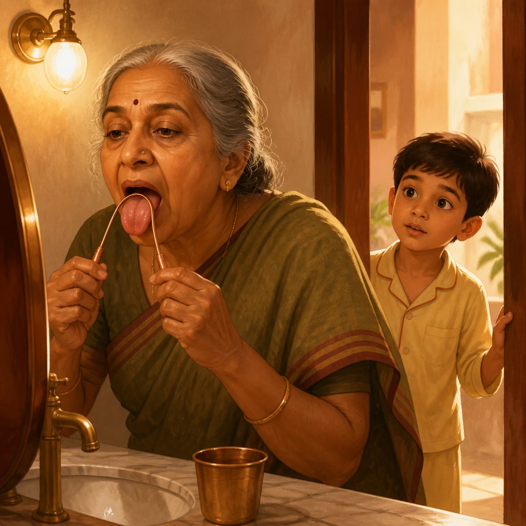 A grandmother scraping her tongue with a copper tool while her grandson watches