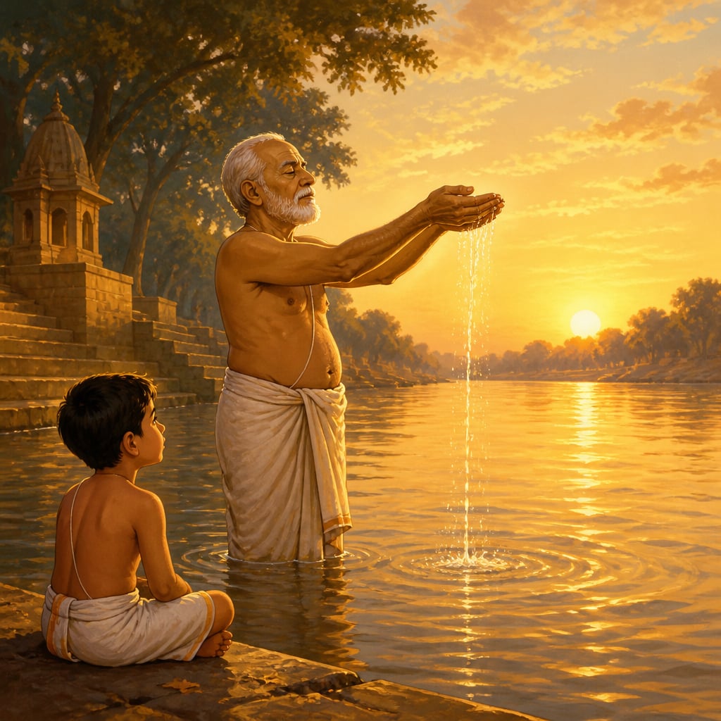 A grandfather offering arghya in the Krishna river at dawn