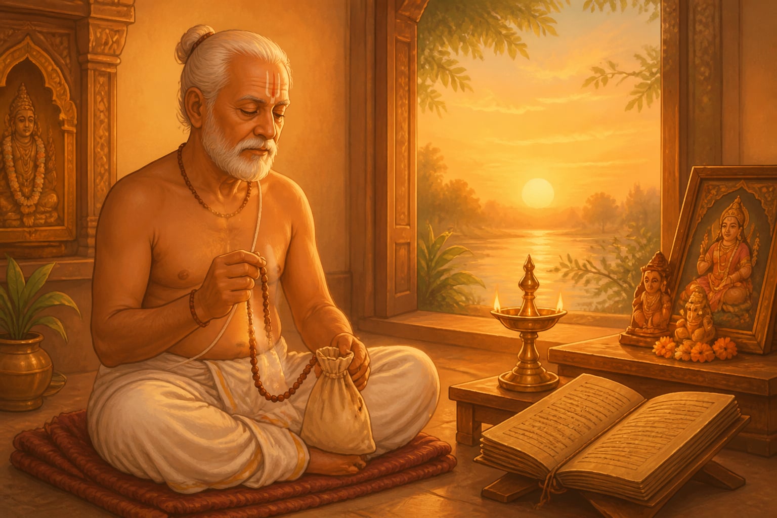 An elderly man counting a rudraksha mala chanting the Gayatri