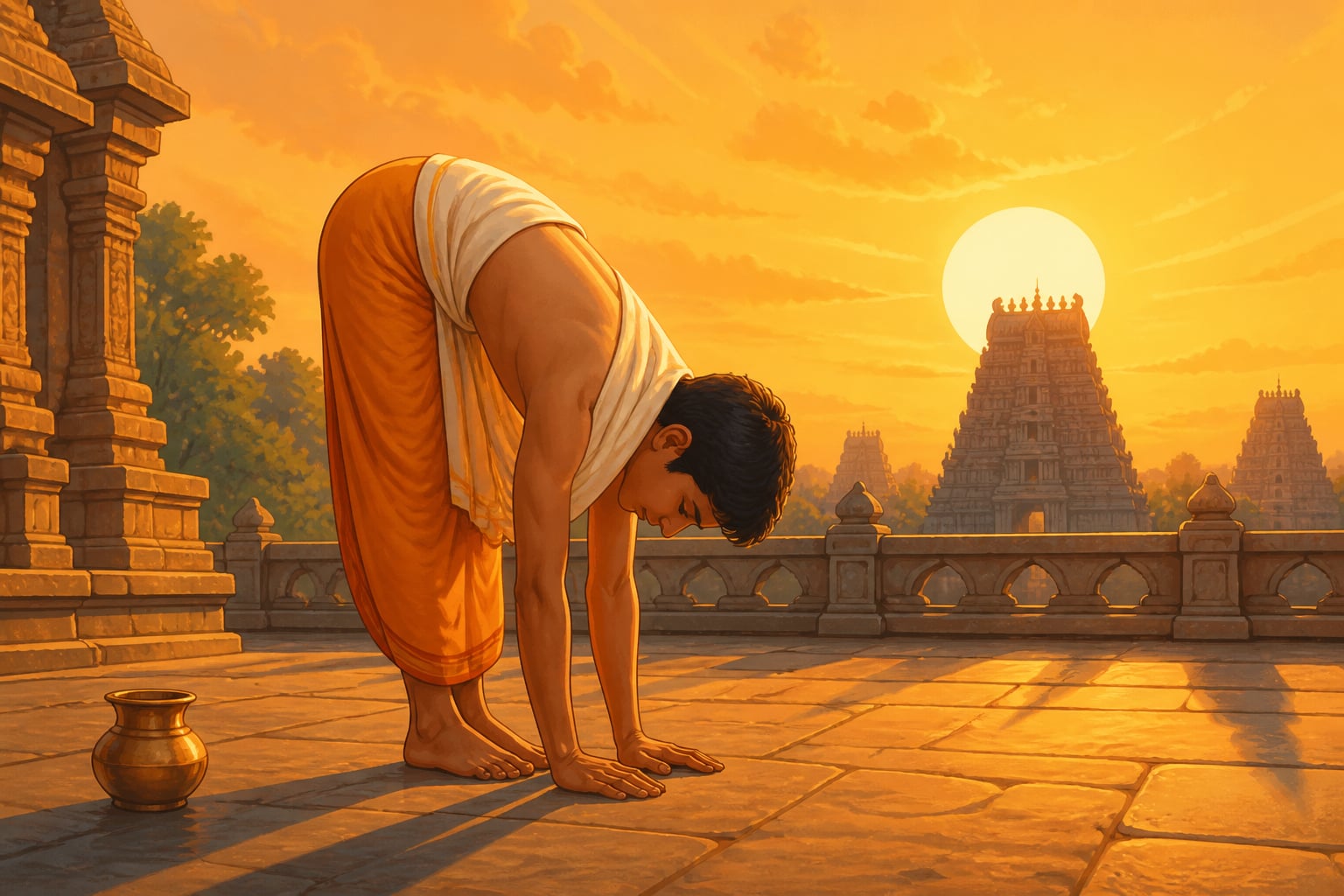 A young man mid-Surya-Namaskar on a temple terrace at sunrise