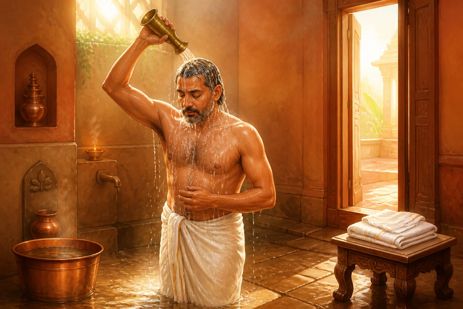 A man pouring warm water from a brass kindi for the morning bath