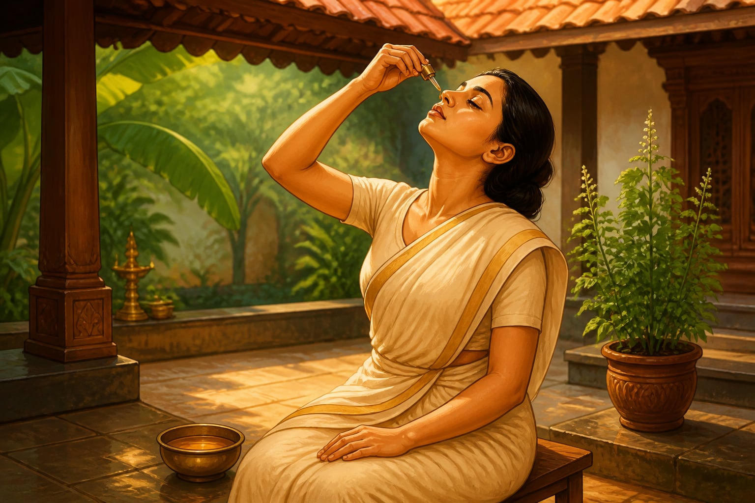 Drops of warm anu-taila being lifted into the nostril