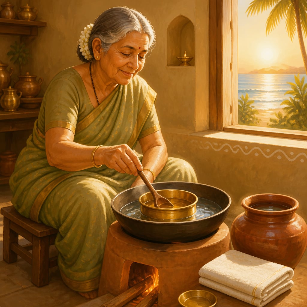A grandmother warming sesame oil in a brass bowl