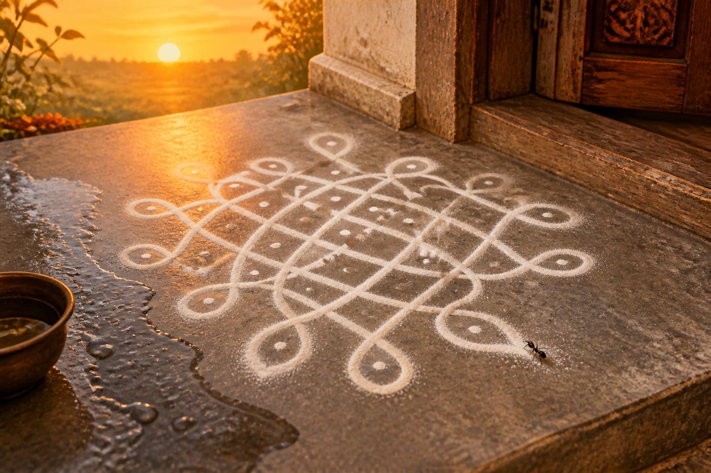 A finished rice-flour kolam with an ant approaching