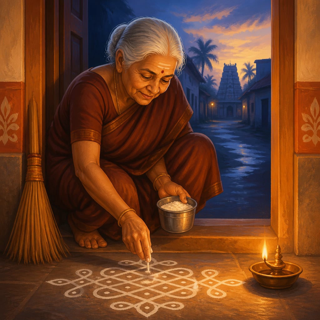 A paati drawing a kolam at her threshold before sunrise