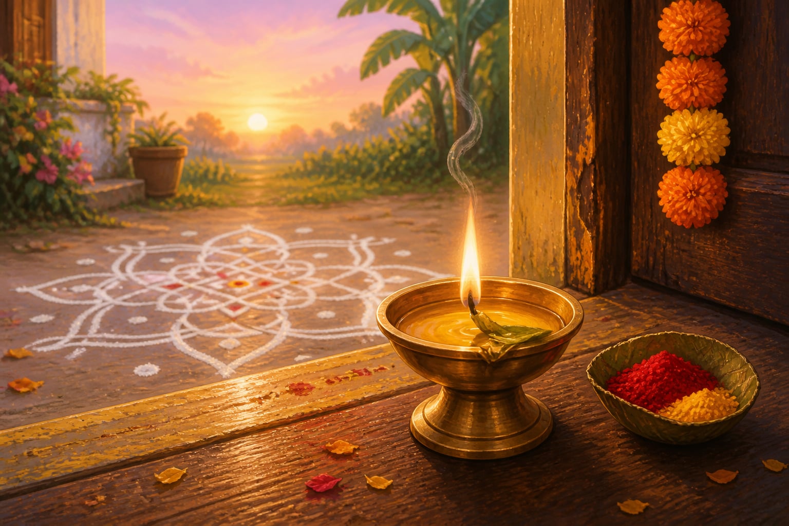 A small brass lamp burning at the doorway at dawn