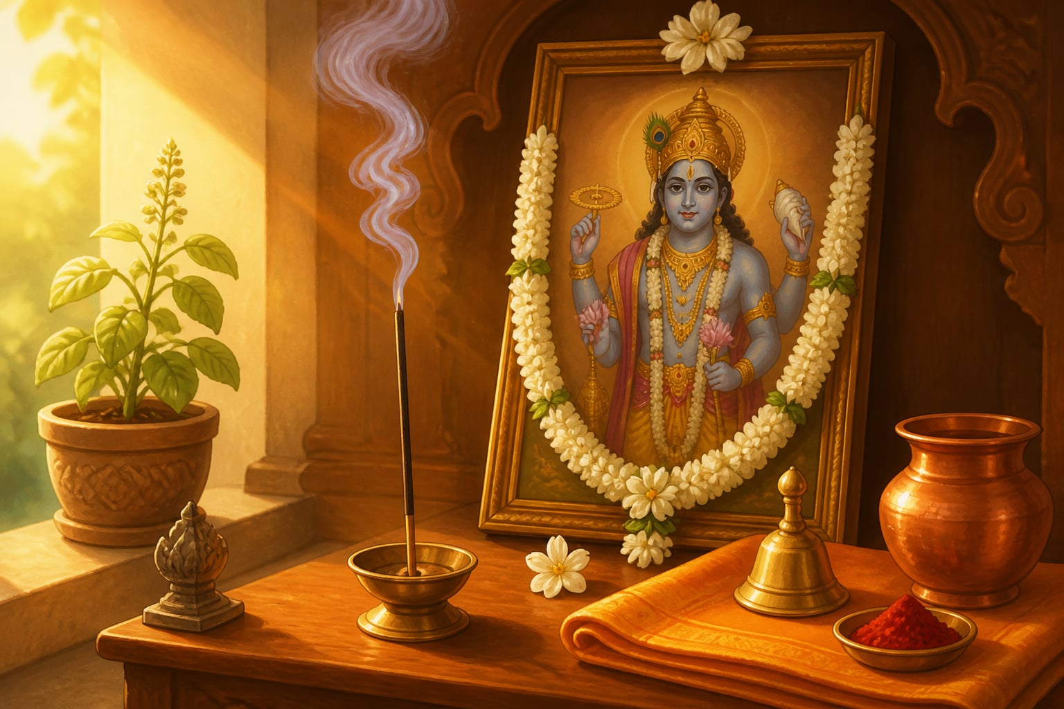 A dhoop stick burning before the puja shelf