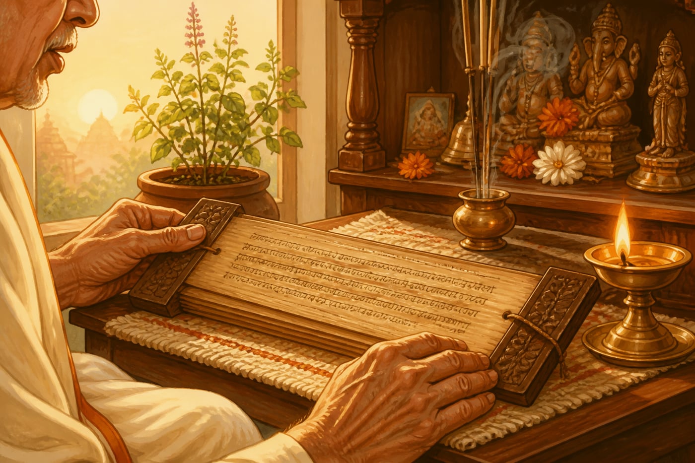 Hands reading an open palm-leaf manuscript before the puja shelf
