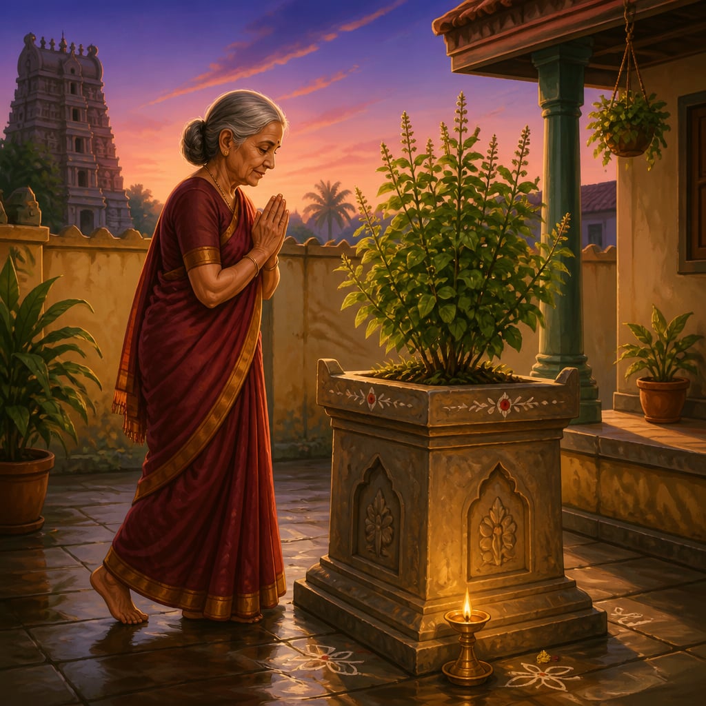 A grandmother circumambulating the tulasi plant at dawn