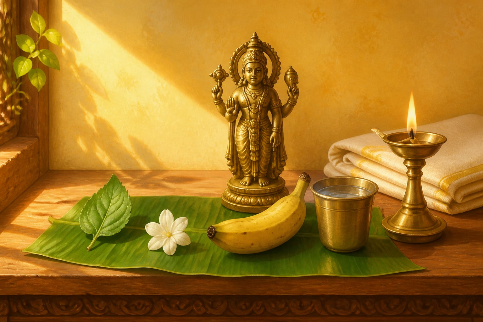 Leaf, flower, fruit, and water offered at a home altar