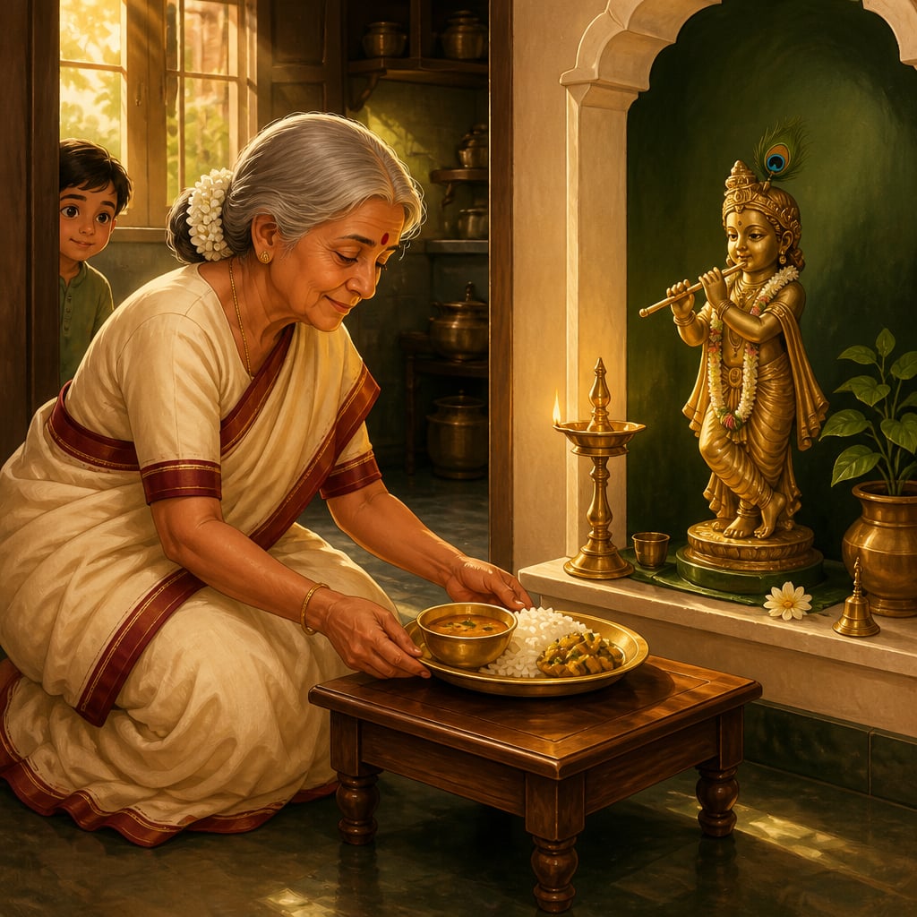 Grandmother offering a plate to brass Krishna in Mylapore