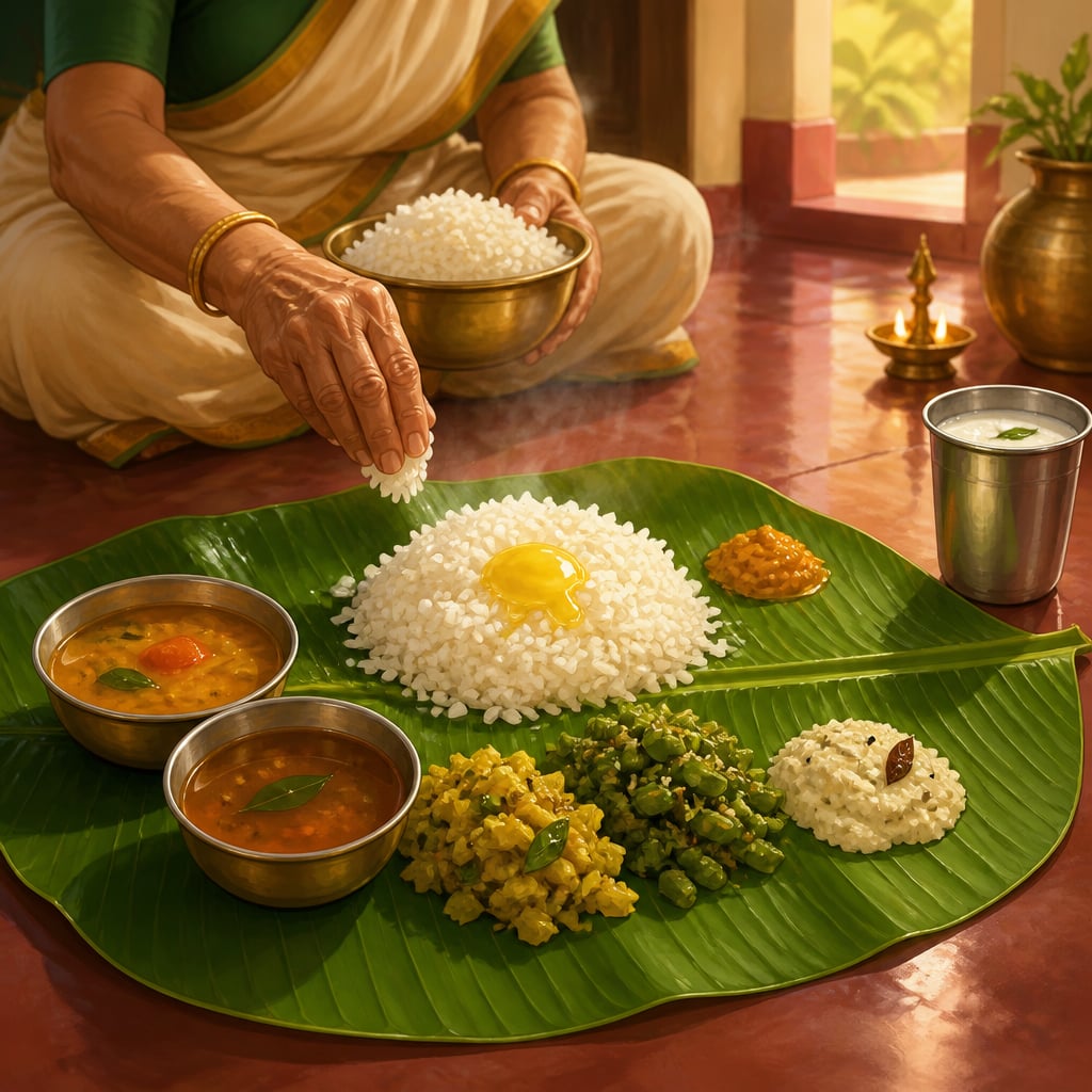 A banana leaf meal laid on a polished kitchen floor