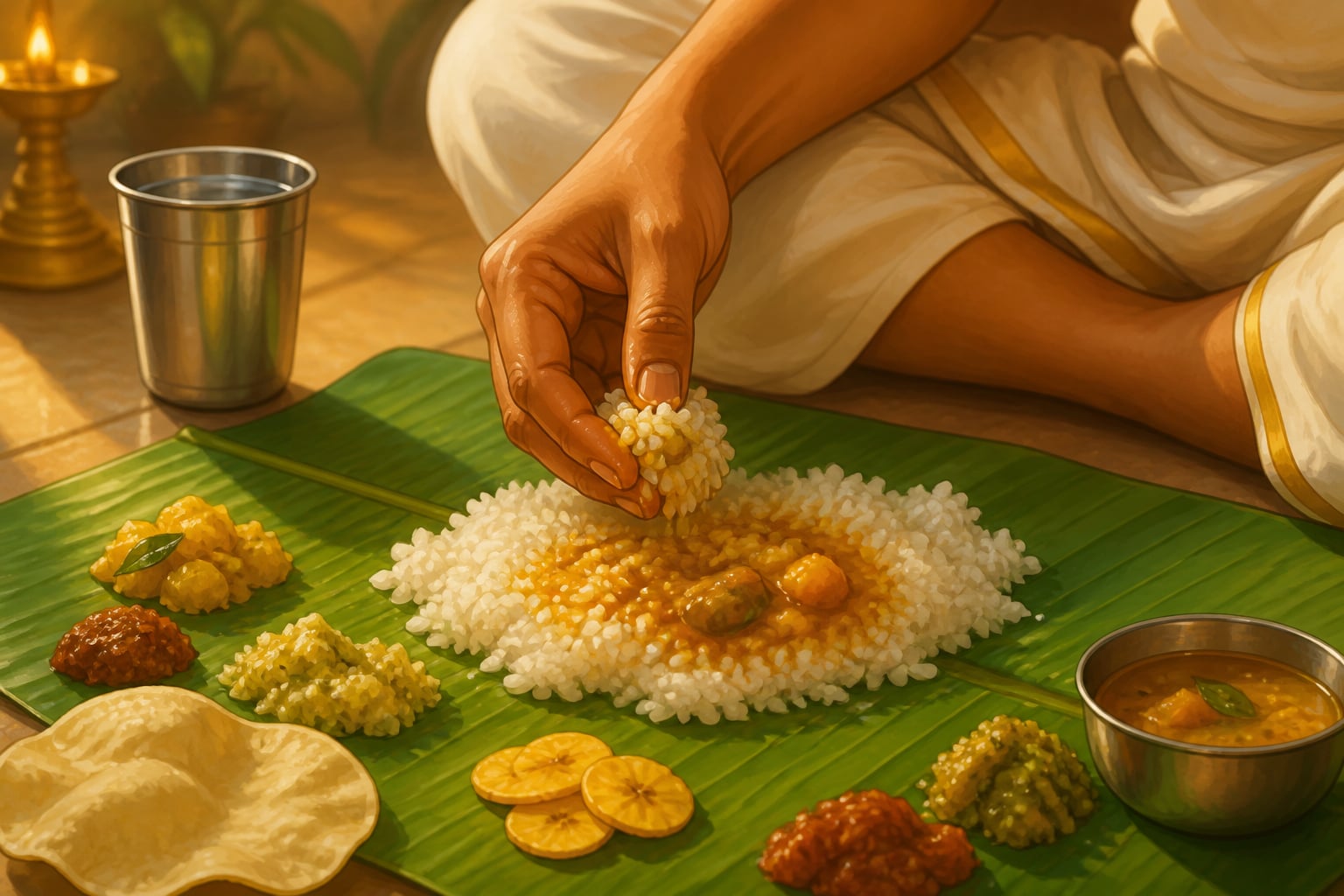 A right hand mixing rice on a banana leaf