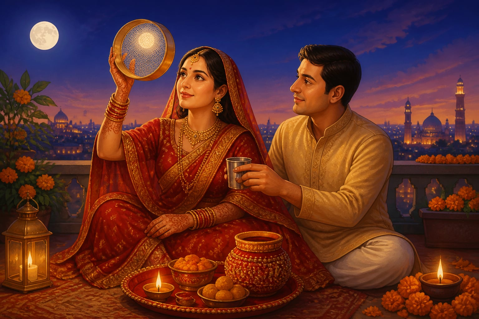 A wife viewing the Karva Chauth moonrise through a brass sieve