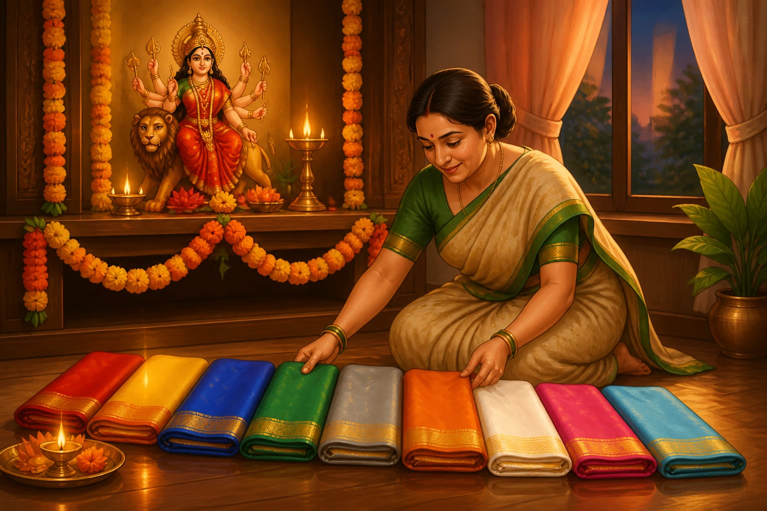 Pune mother laying out nine saris for Navratri
