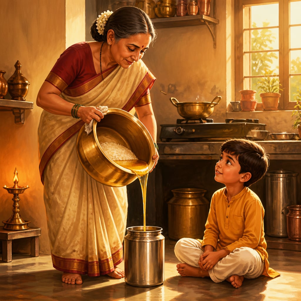 Aaji pouring clarified ghee into a steel jar in Pune
