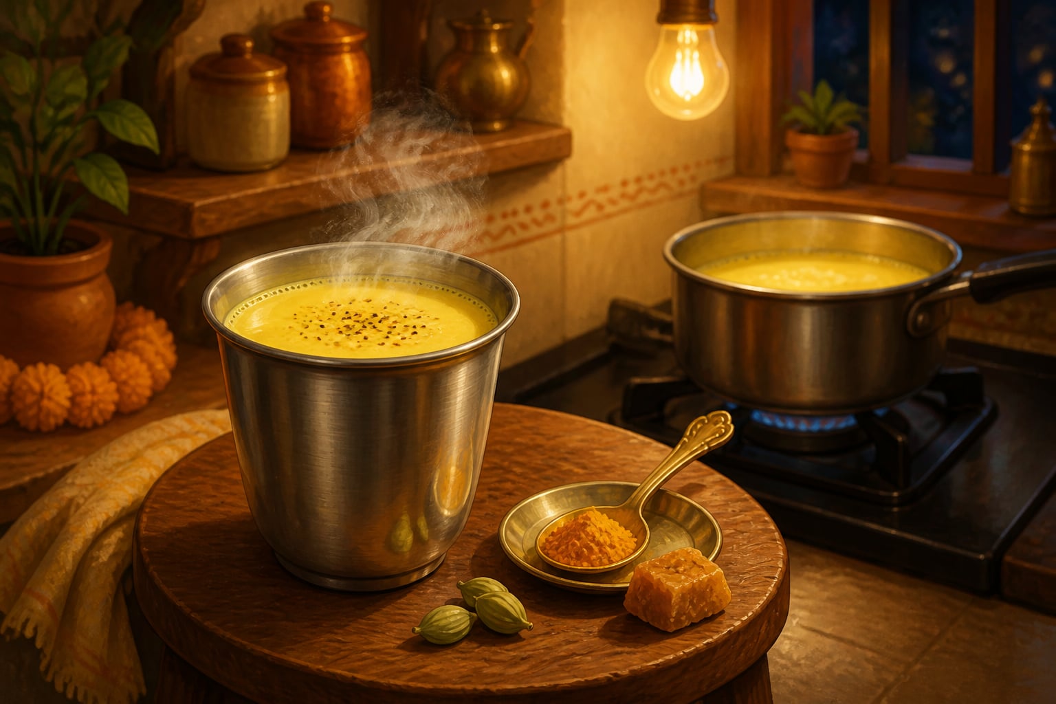 A warm tumbler of haldi doodh on a kitchen stool at night