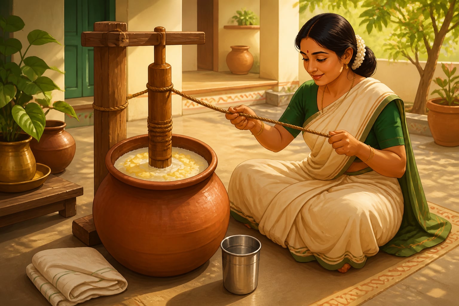 Churning buttermilk with a wooden ravi in a courtyard kitchen