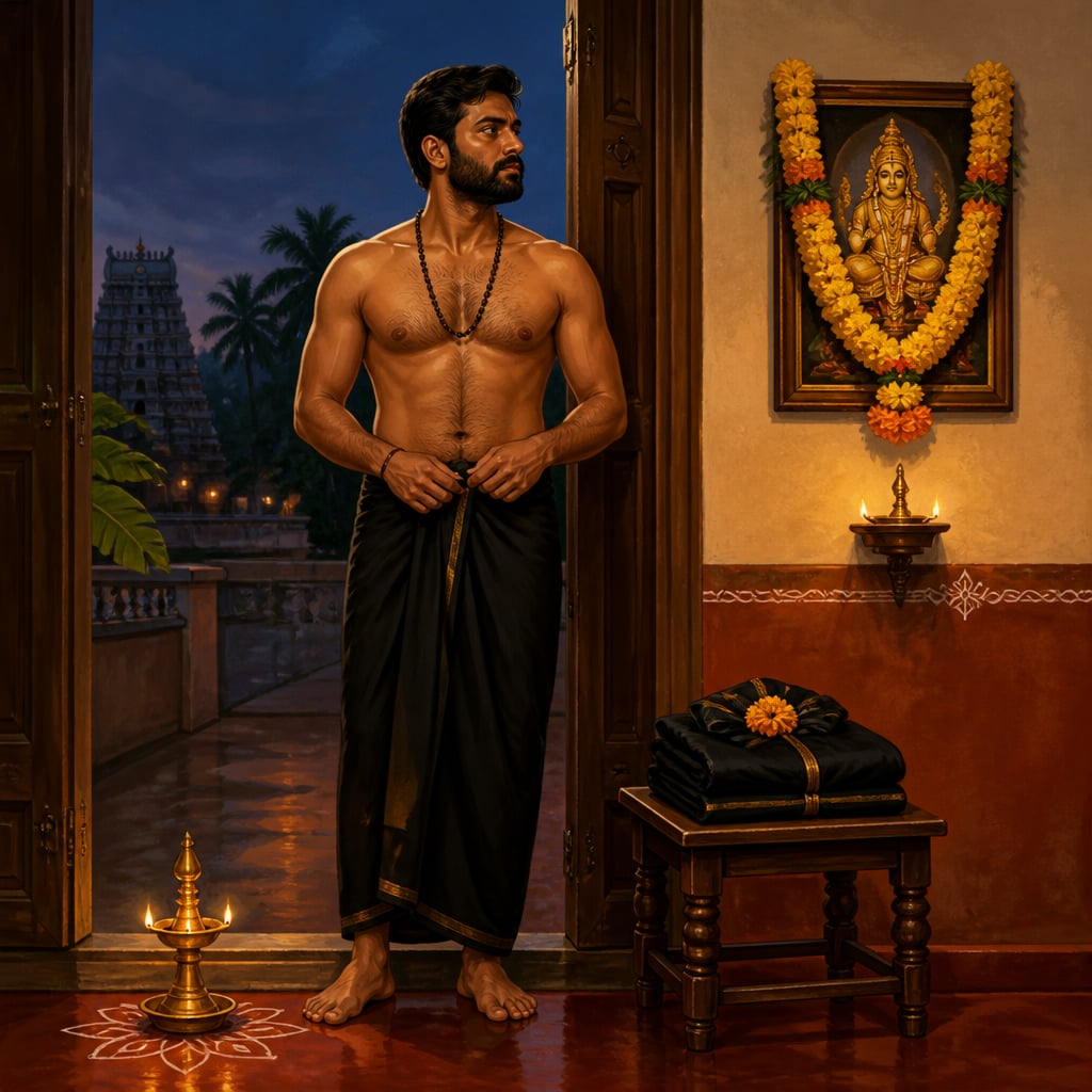 Ramesh mama in black mundu beginning the Ayyappa deeksha
