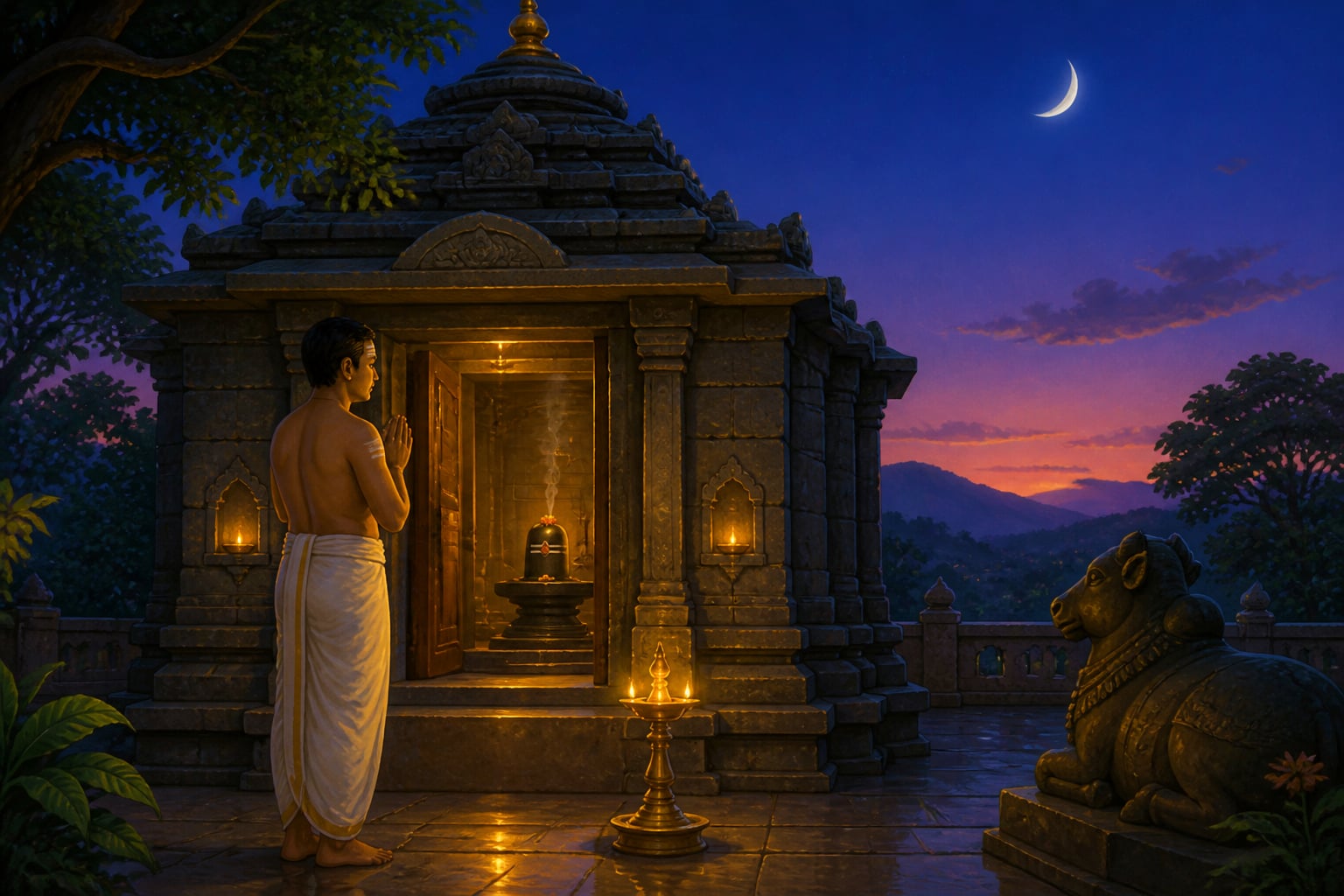 A devotee at a Shiva temple threshold at Pradosha twilight