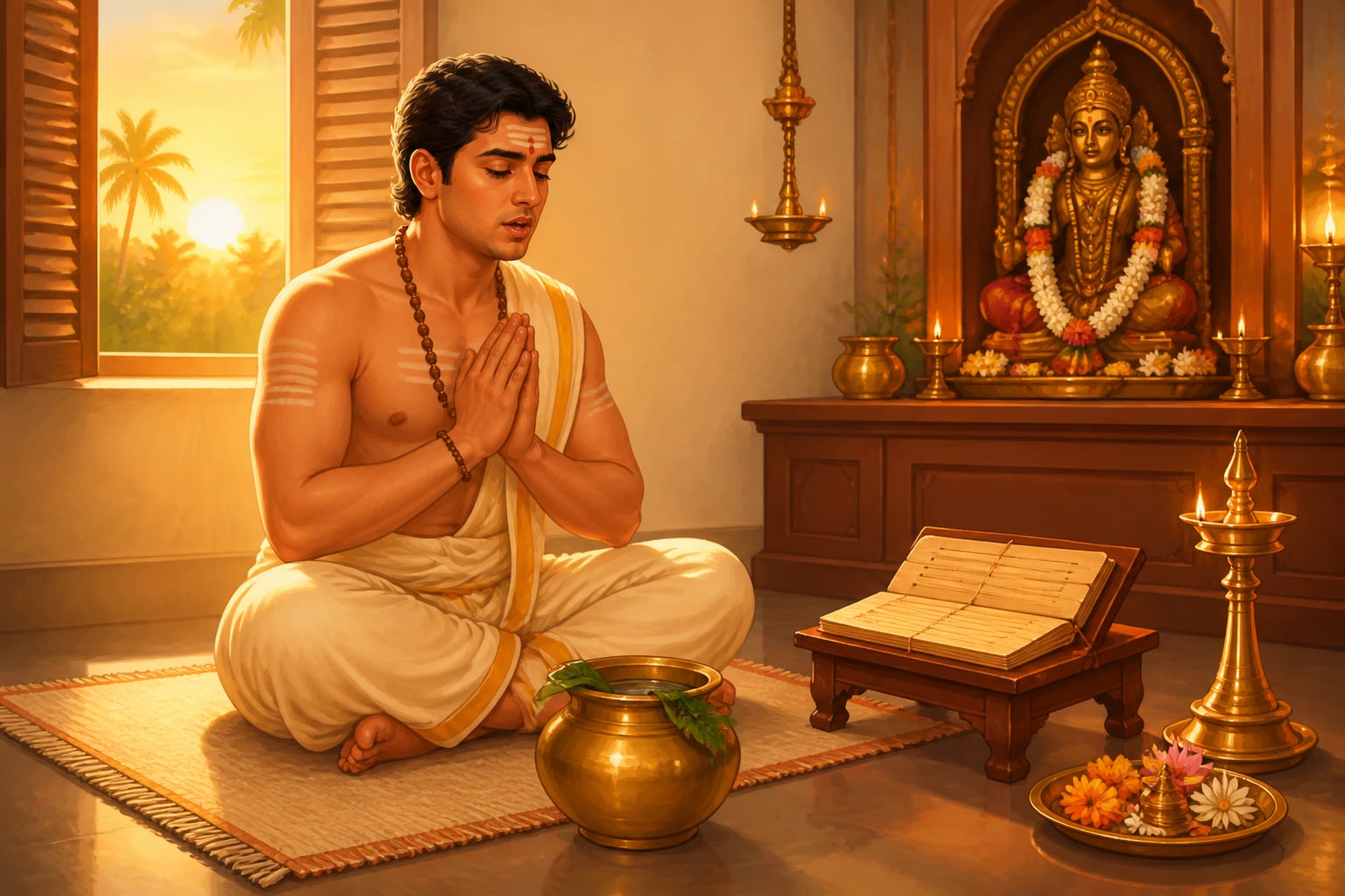 A practitioner declaring sankalpa at sunrise