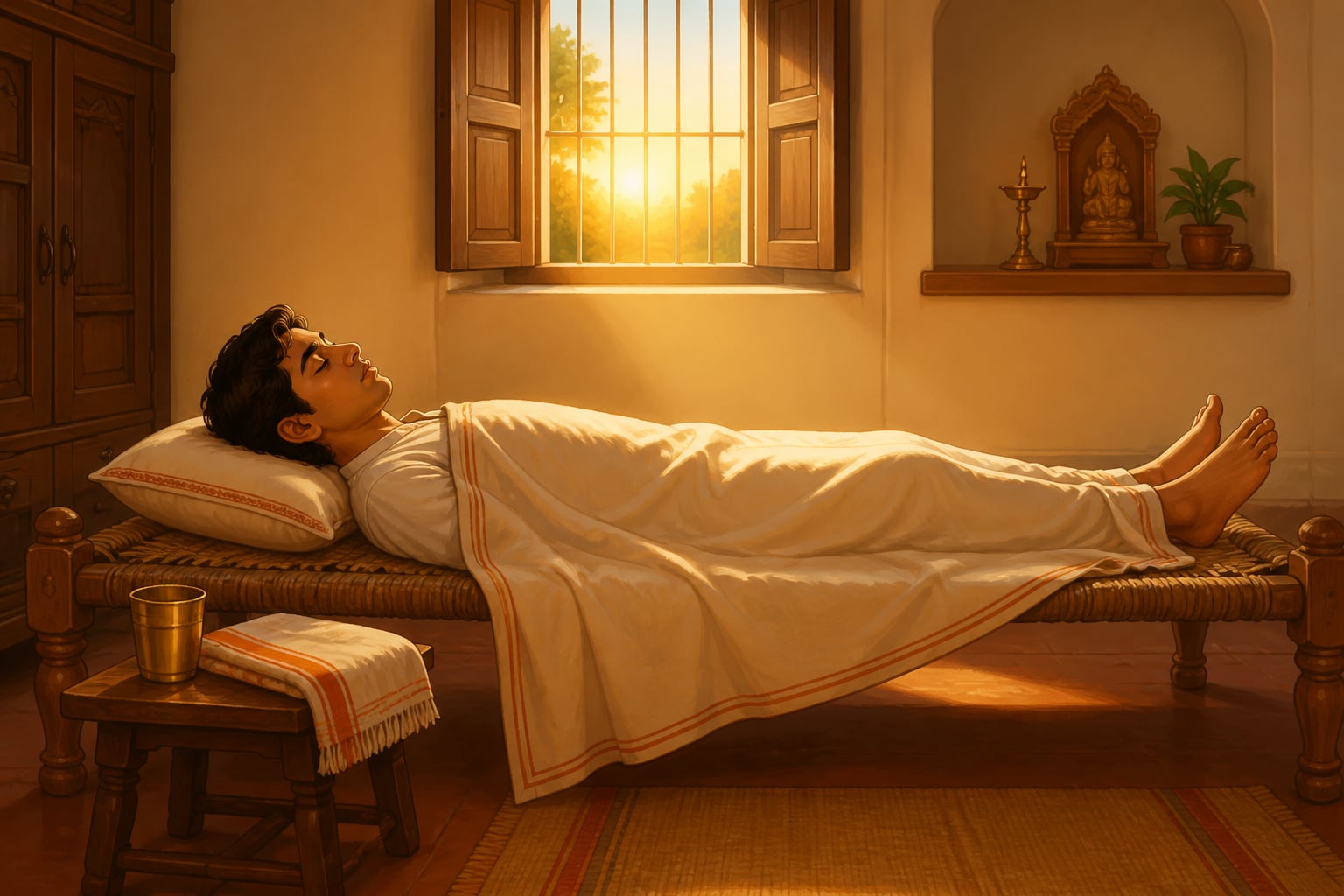 A sleeper on a charpai with head pointed east at dawn