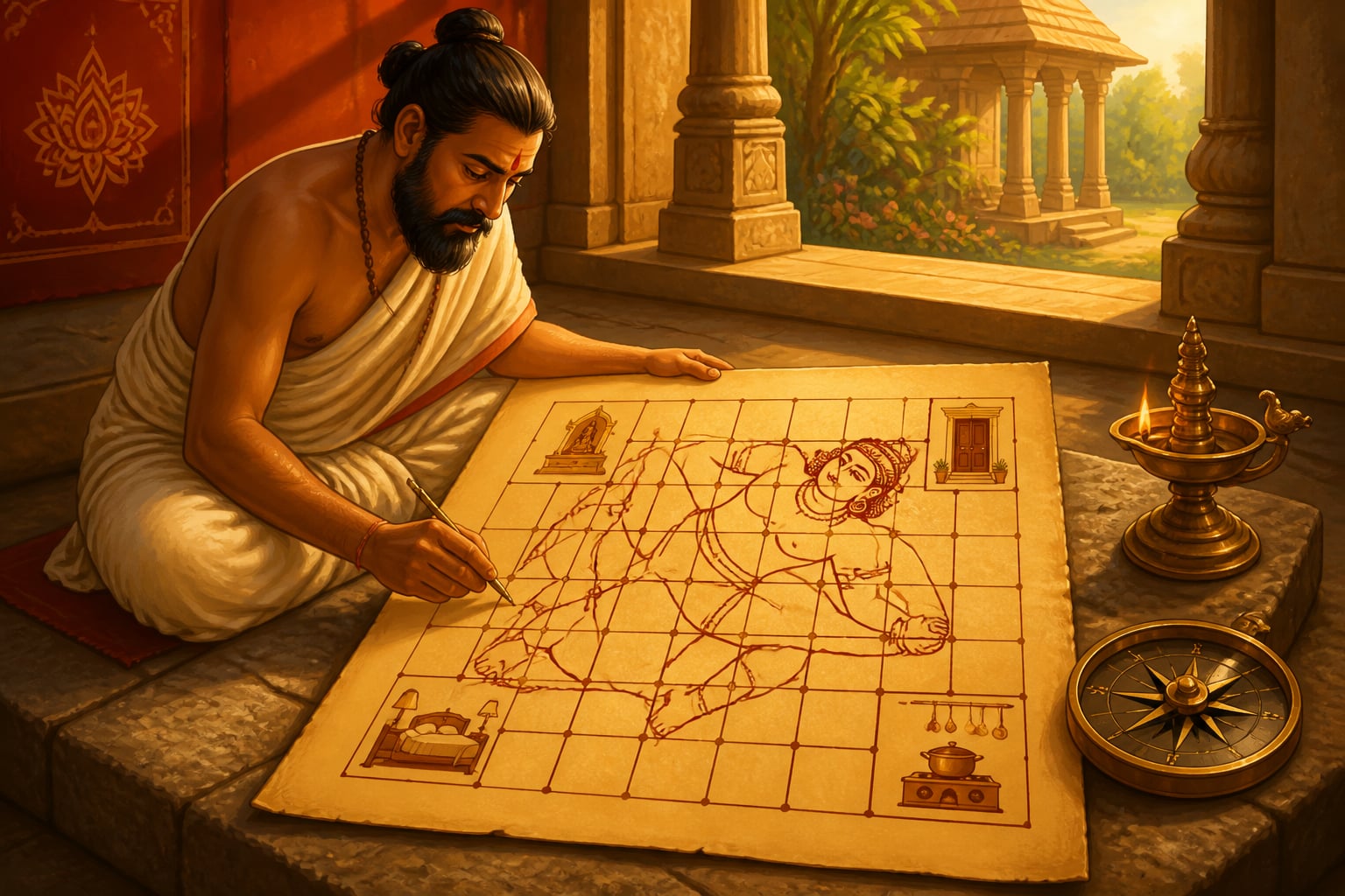 A sthapati drawing the eighty one square vaastu purusha mandala
