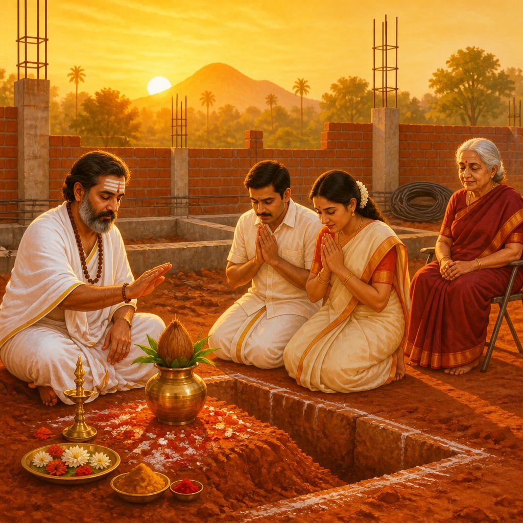 A foundation stone laying ceremony at a half built Vellore house at sunrise