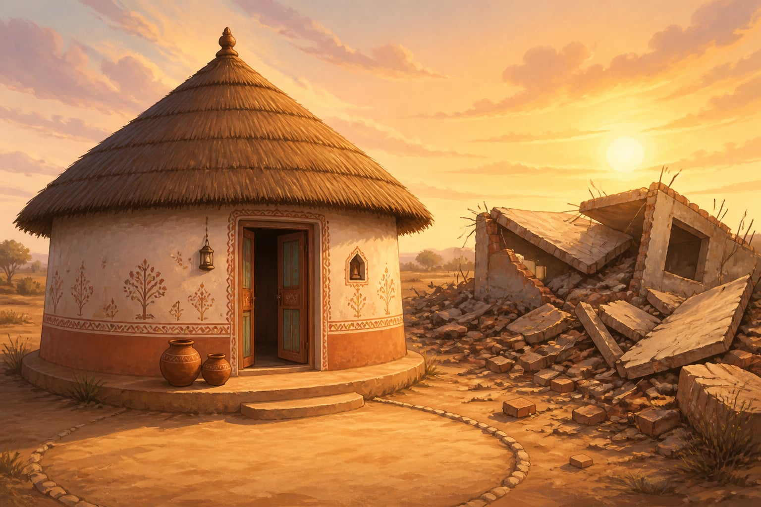 A traditional bhunga round house standing intact amid earthquake debris