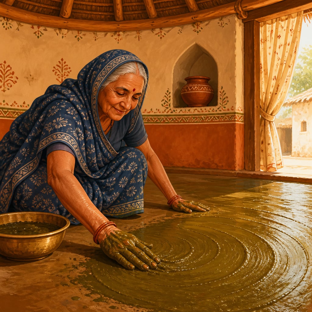 A grandmother in Bhuj smearing fresh cow dung paste on a mud floor