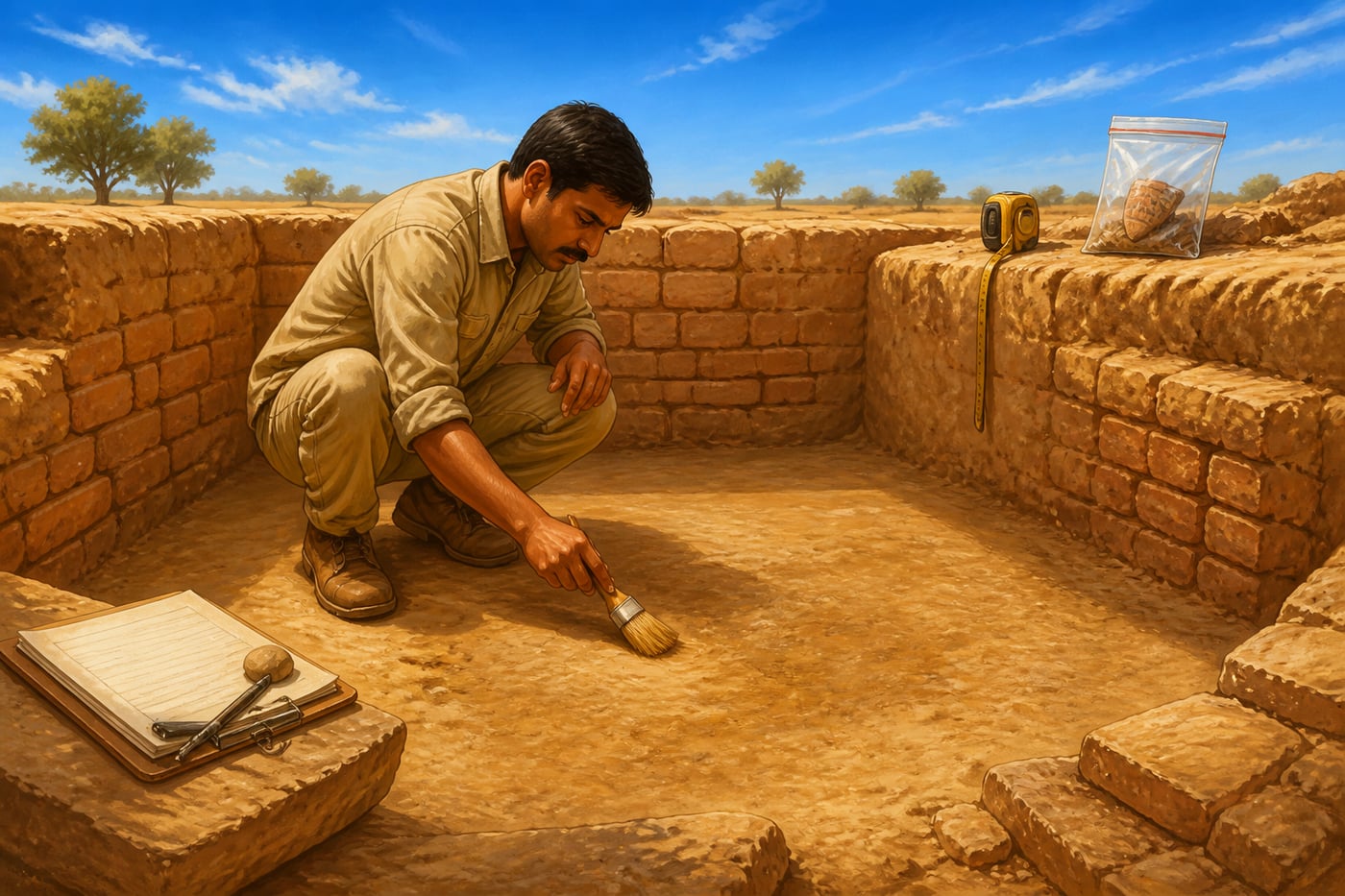 An archaeologist examining the dung plastered floor of a Kalibangan house