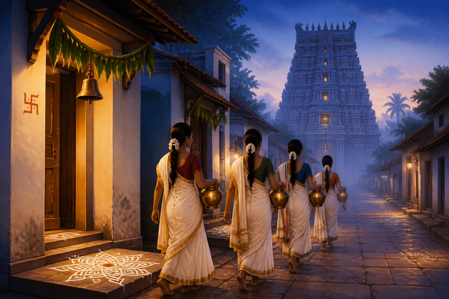 Margazhi morning girls walking to the Vatapatrasayi temple at dawn
