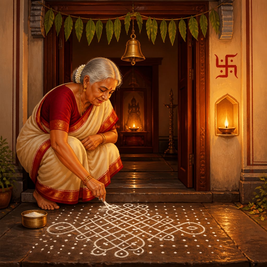 A Tamil grandmother in Mylapore drawing a sixteen dot kolam at dawn