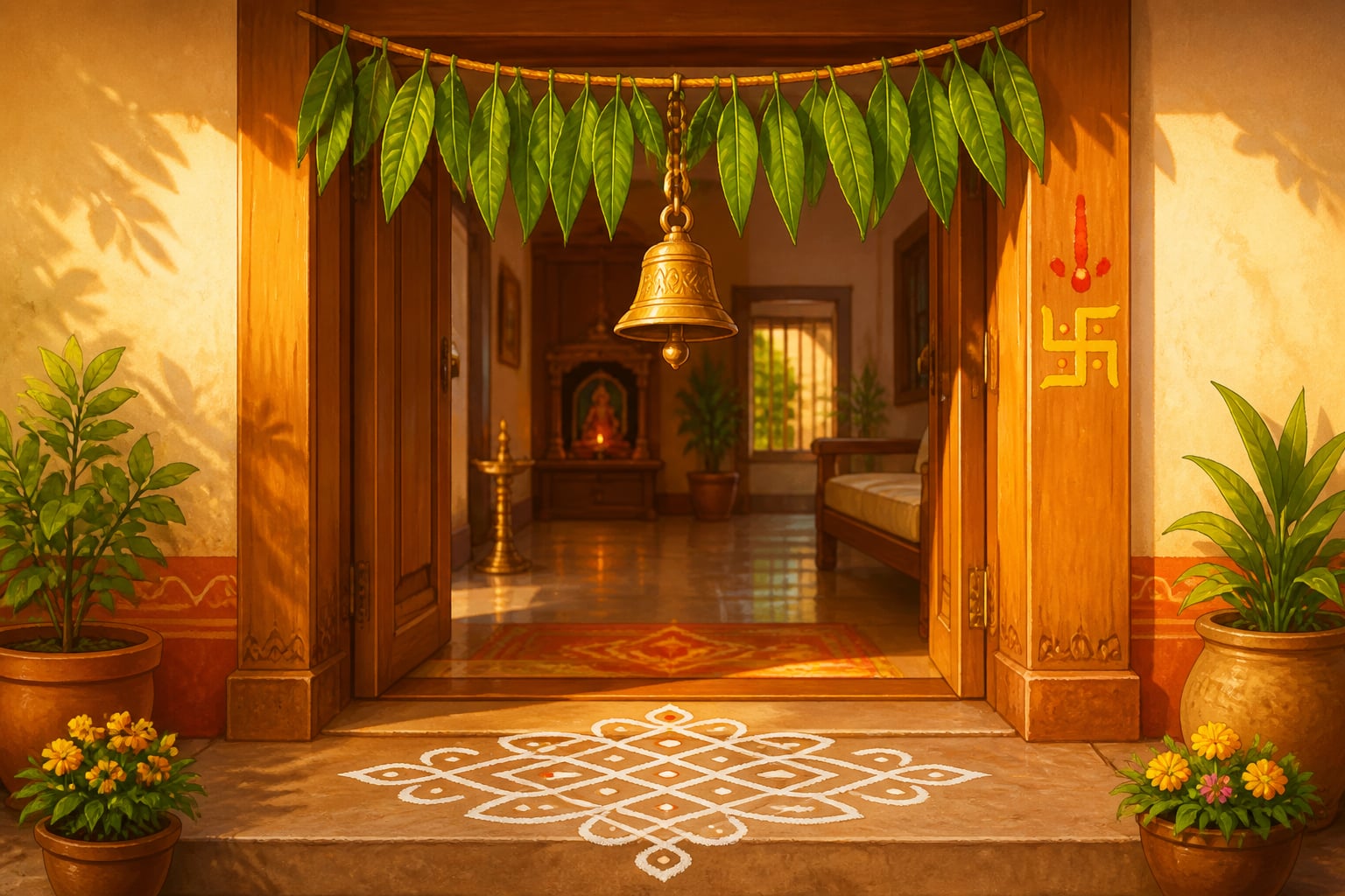 A doorway with mango toranam, swastika, and brass ghanta bell