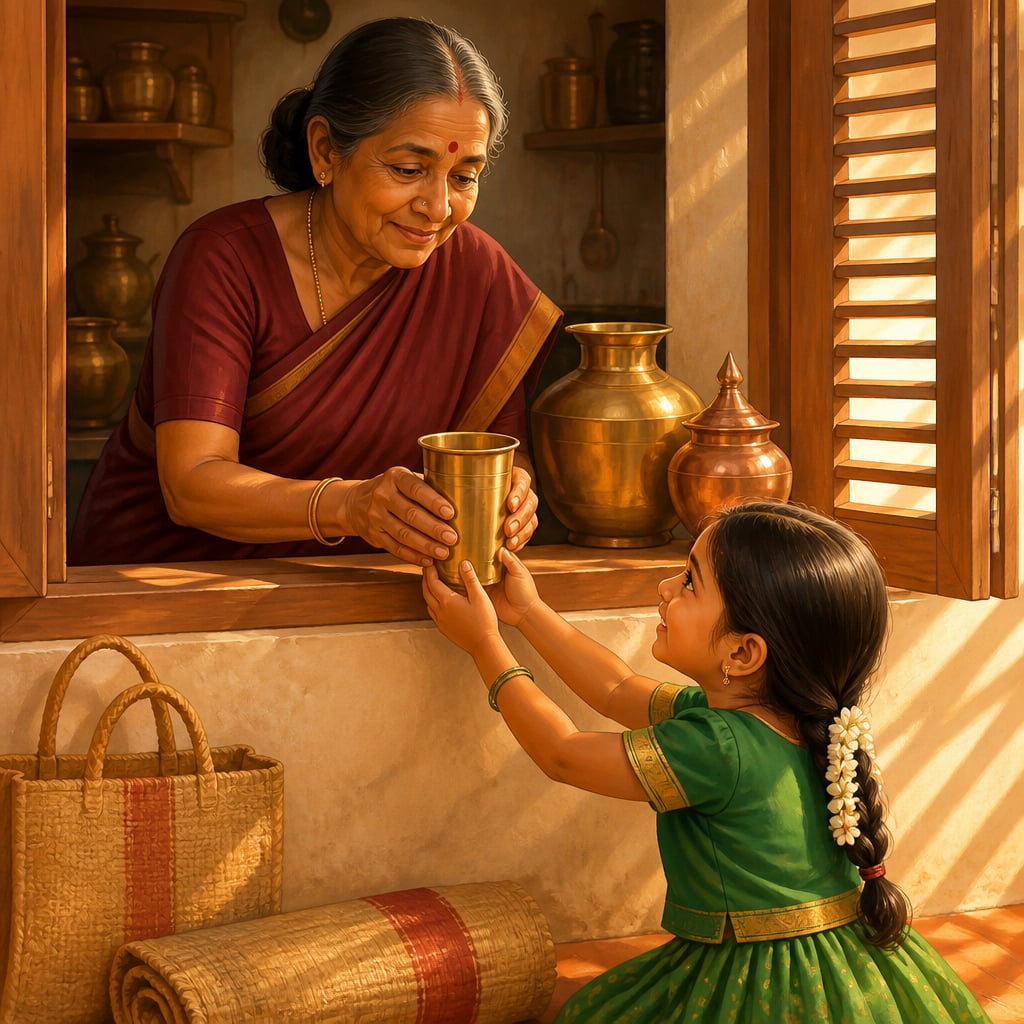 A Madurai grandmother handing a brass tumbler of water to her grandchild