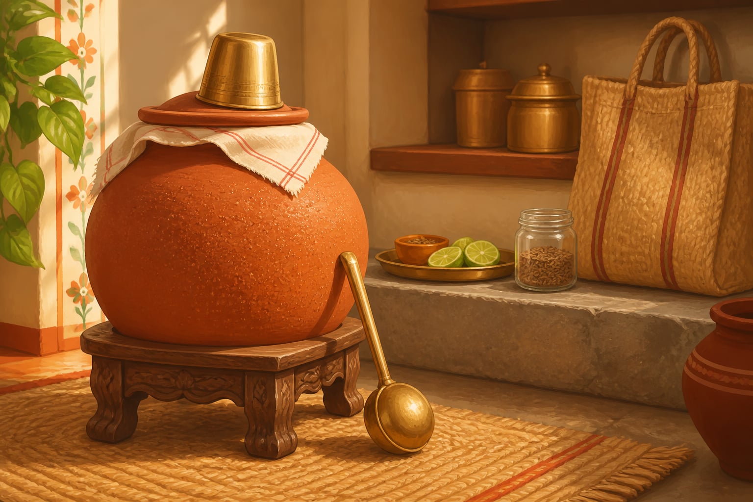 A clay matka water pot with cooling condensation on its surface