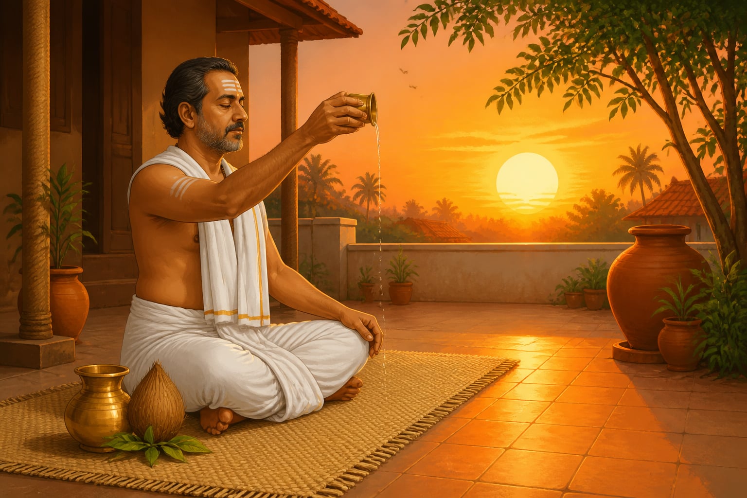 A man performing sandhyavandanam on a jute jamakhana mat at sunrise