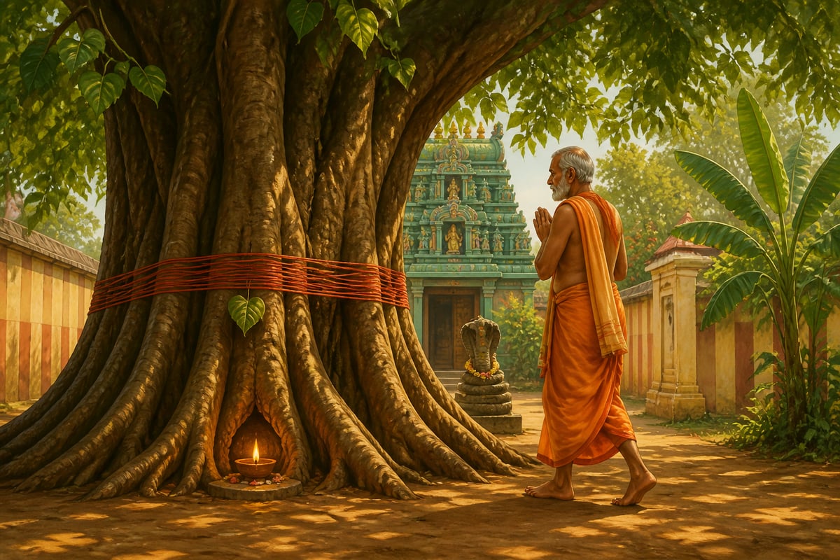 A devotee circumambulating a peepal tree at a south Indian temple